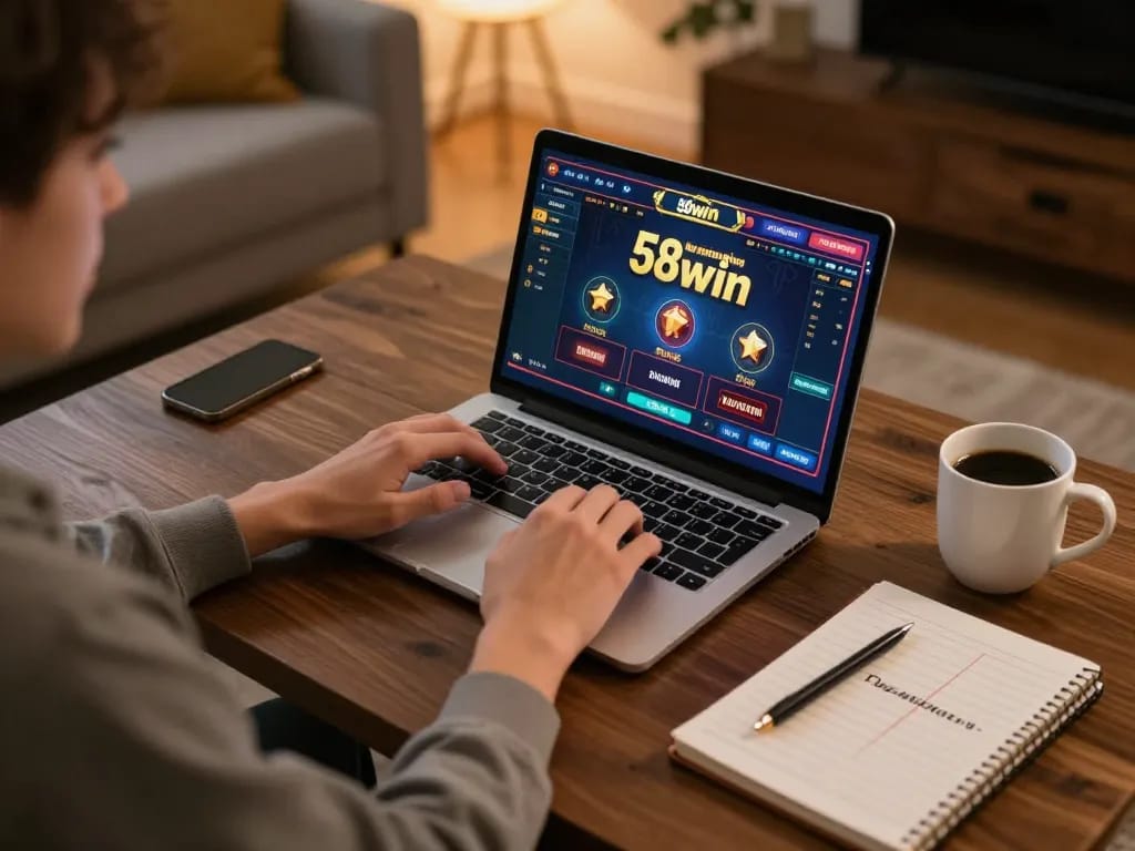 Engaged player utilizing 58win for online casino strategy with warm home ambiance.