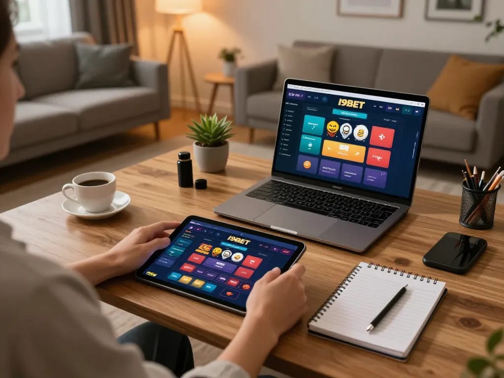 I9BET user engaging with online casino app on a tablet in a cozy home setup, showcasing responsible gambling.