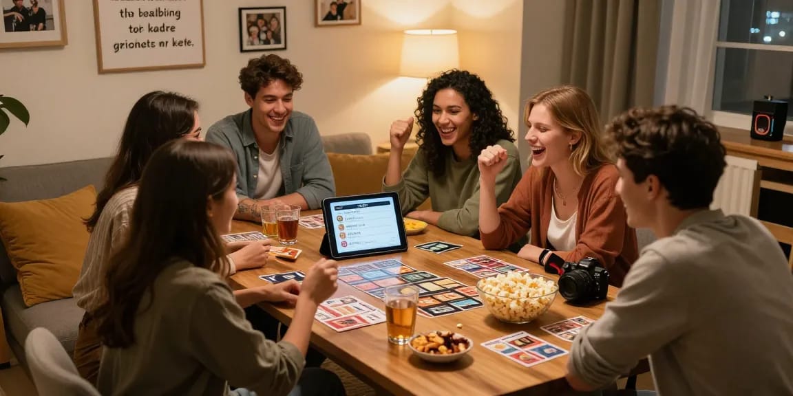 Group of friends enjoying a fun Quiz Allgemeinwissen night at home, with trivia cards and laughter.