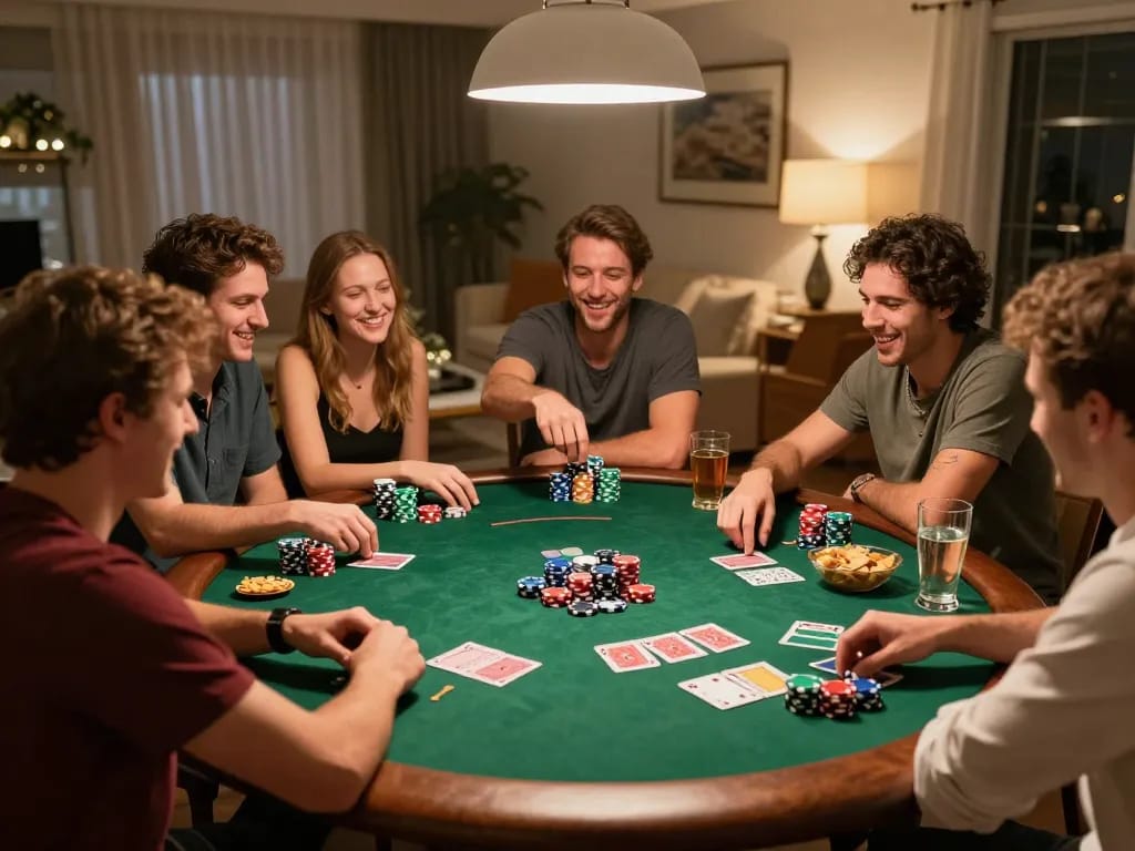 VIN88 poker night with friends enjoying cards and chips at a round table, creating a vibrant social atmosphere.