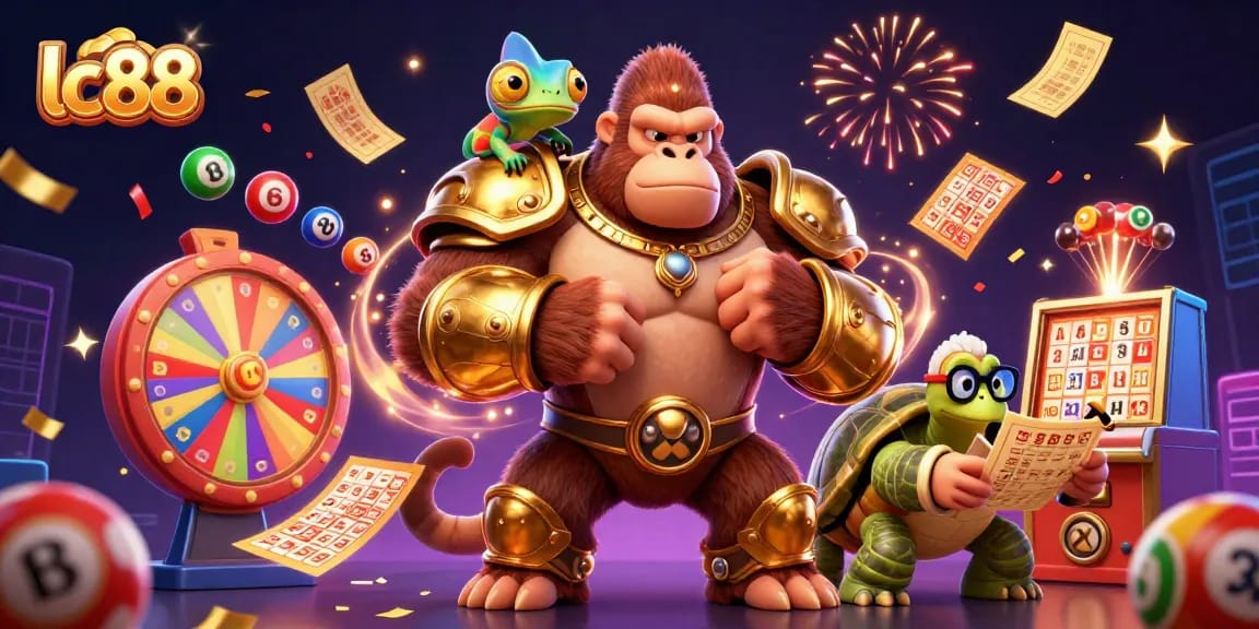 lc88 showcases vibrant characters celebrating winning at a casino, capturing thrilling lottery moments.