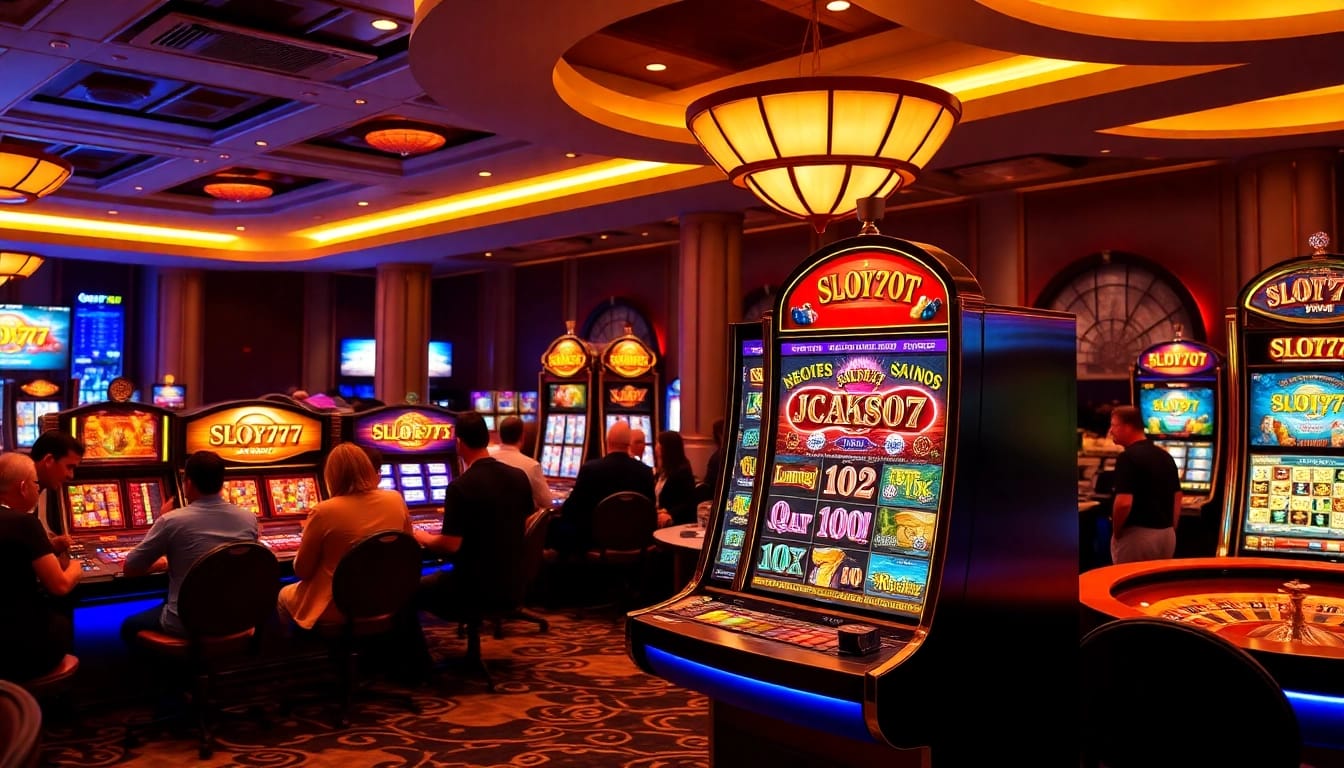 Engaged players enjoy thrilling Slot777 machines in a luxurious casino environment.