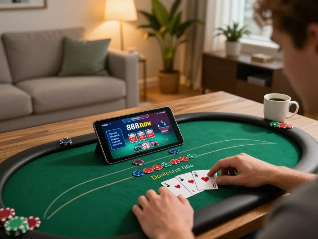 Player enjoying a poker game on 888now, highlighting engaging online casino experiences.