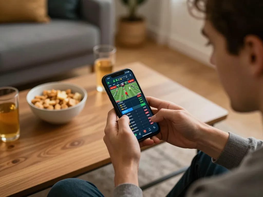 Betting on mobile F168N ĐĂNG NHẬP with live sports stats in a cozy home setting