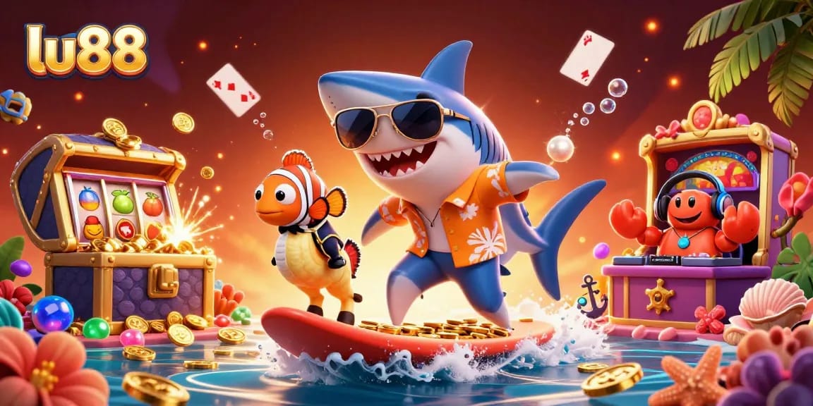 Join the lu88 adventure with playful shark and clownfish amidst vibrant casino elements.