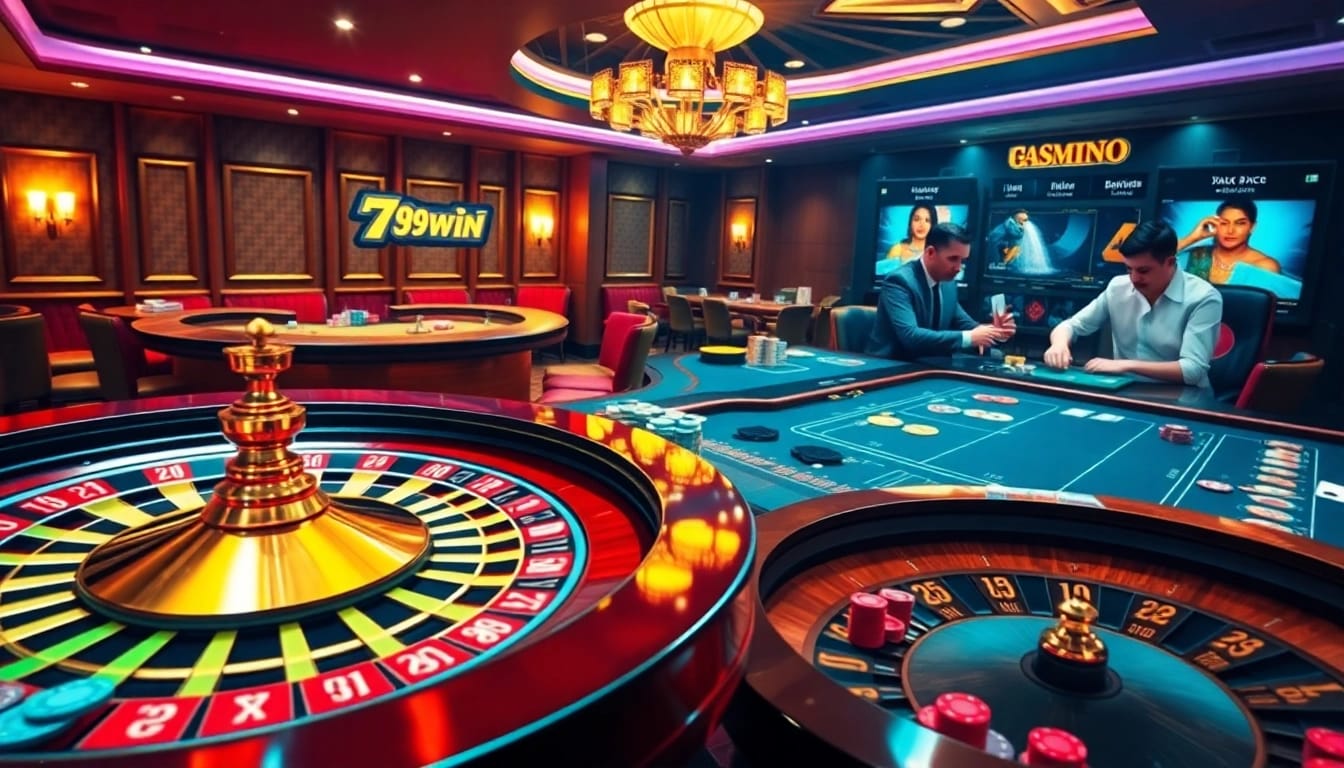 Players experiencing the thrill of gambling at 789win's lively casino tables featuring cards and chips.