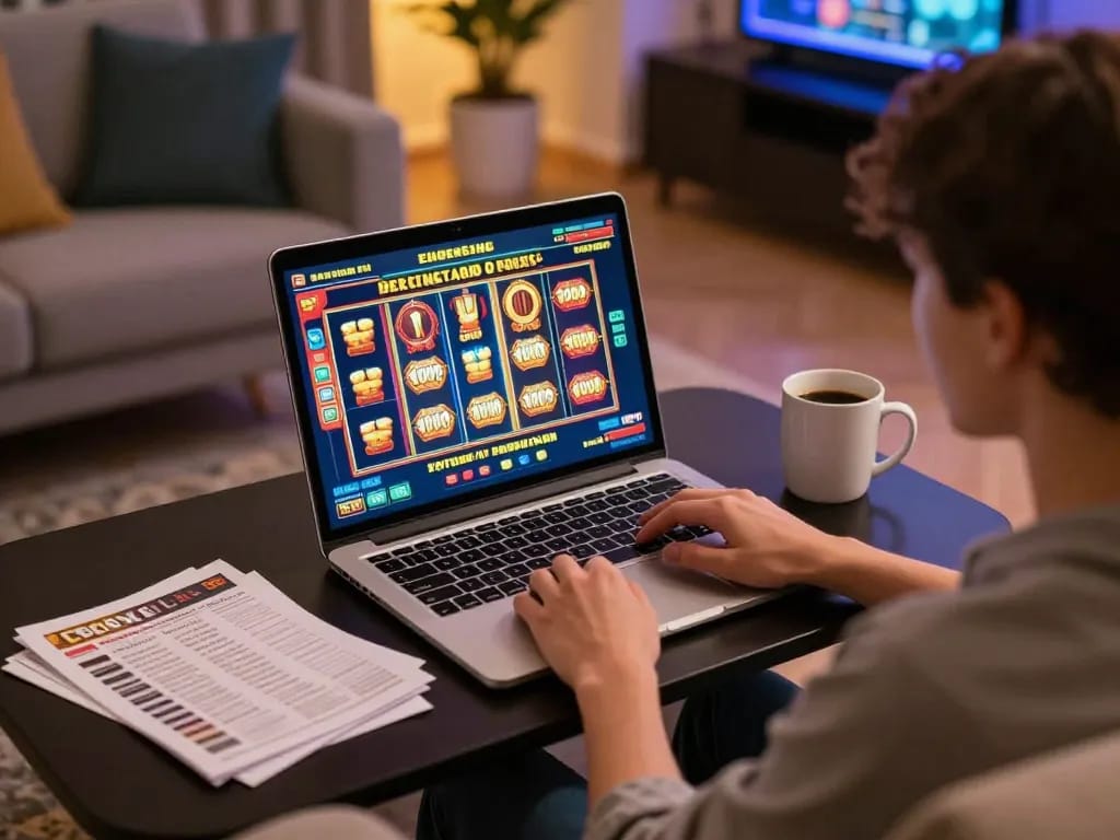 Enjoying a thrilling online gaming session with a slot deposit 10000 opportunity, showcasing laptop gameplay and cozy atmosphere.
