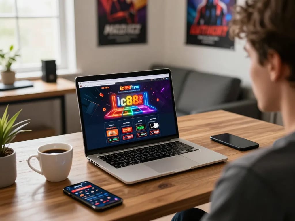Engaging online gaming scene with lc88pro website interface, inviting setup for gamblers.
