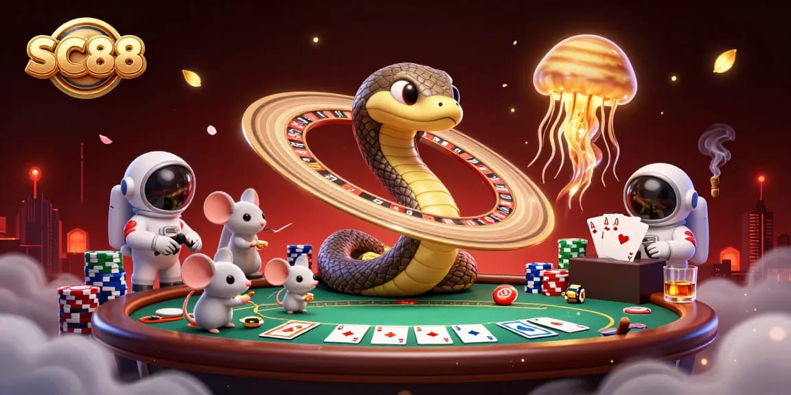 Experience thrilling bets with SC88 at a cosmic roulette table featuring unique characters and vibrant casino elements.
