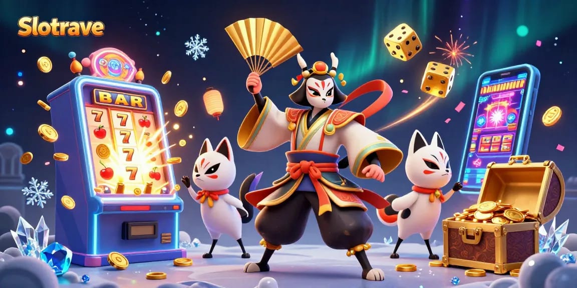Experience Slotrave's vibrant casino atmosphere with dynamic gaming elements in a rich 3D illustration.