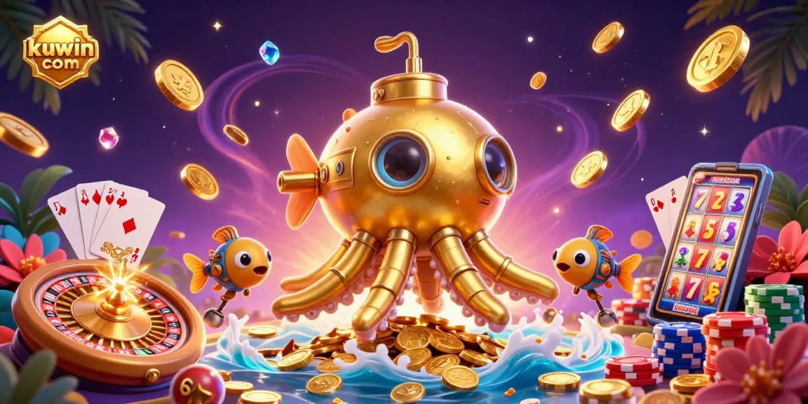 Play and win at kuwin com, featuring a golden kraken submarine amid a flurry of casino excitement.