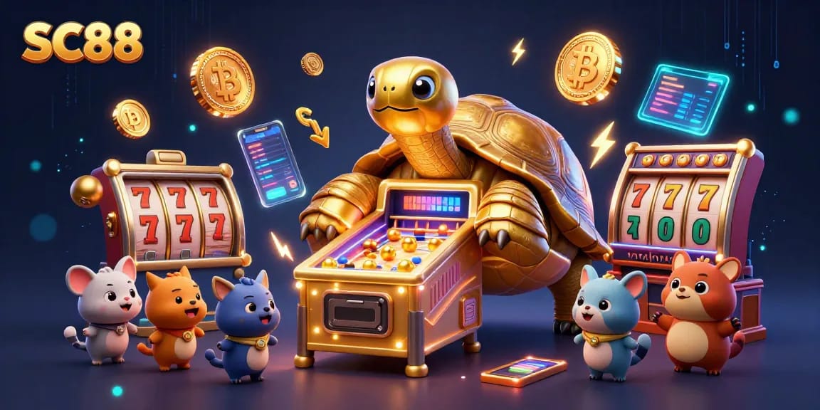 Play exciting slots at SC88, featuring vibrant illustrations of jackpot reels and golden tortoises.