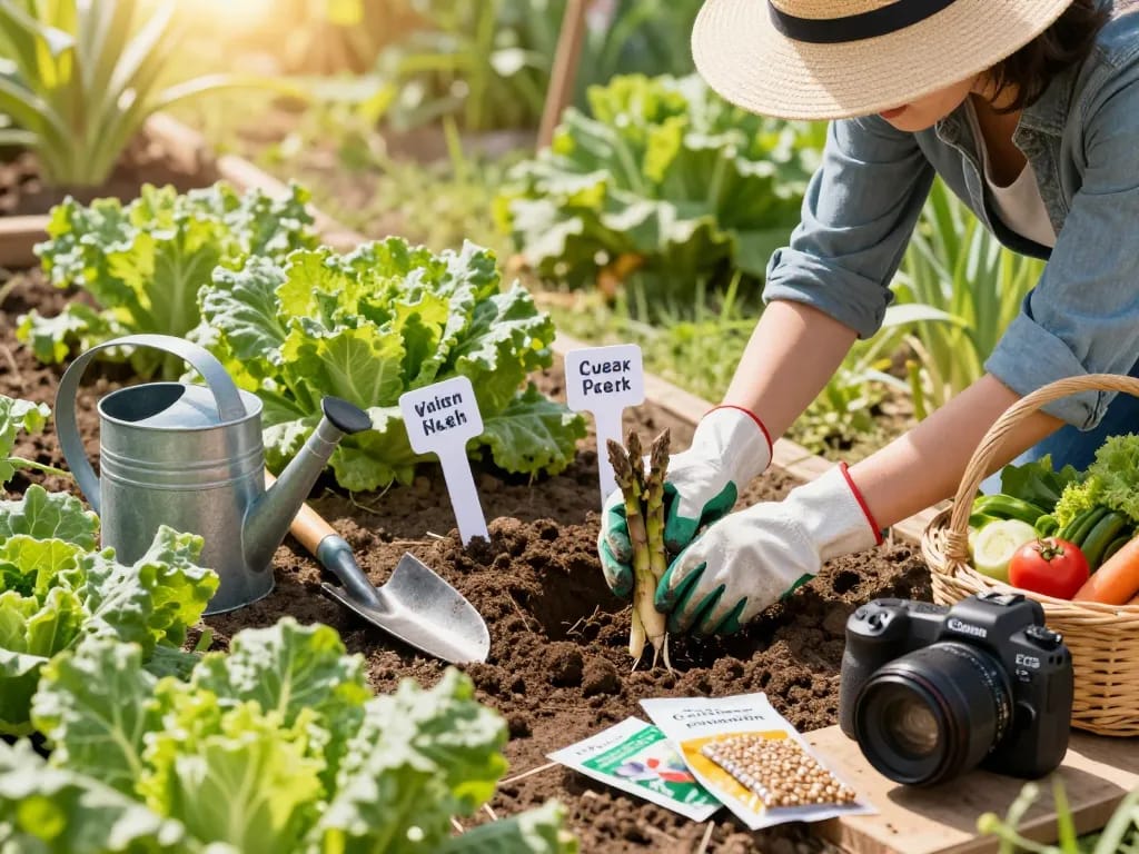 Gardener planting spargelwurzel kaufen in vibrant garden, showcasing asparagus and vegetable growth.