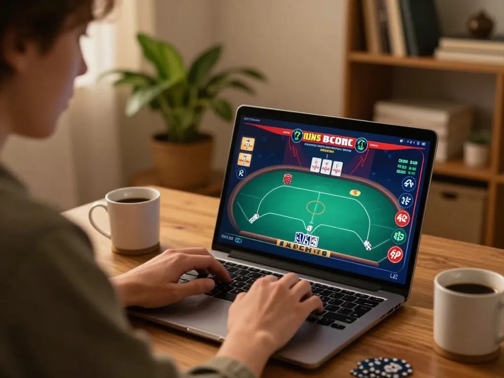 Engaged player enjoying MK8 online betting experience with poker game on laptop at home