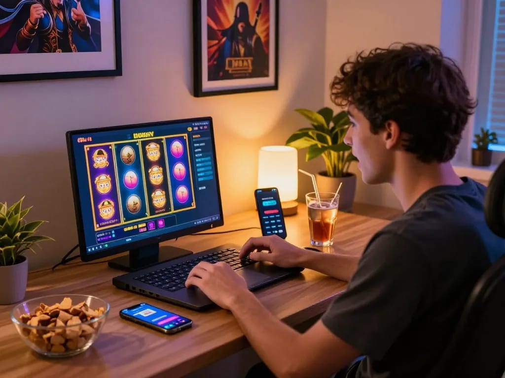 Player enjoying OKBAY slot games on a laptop, showcasing excitement and a cozy gaming setup.