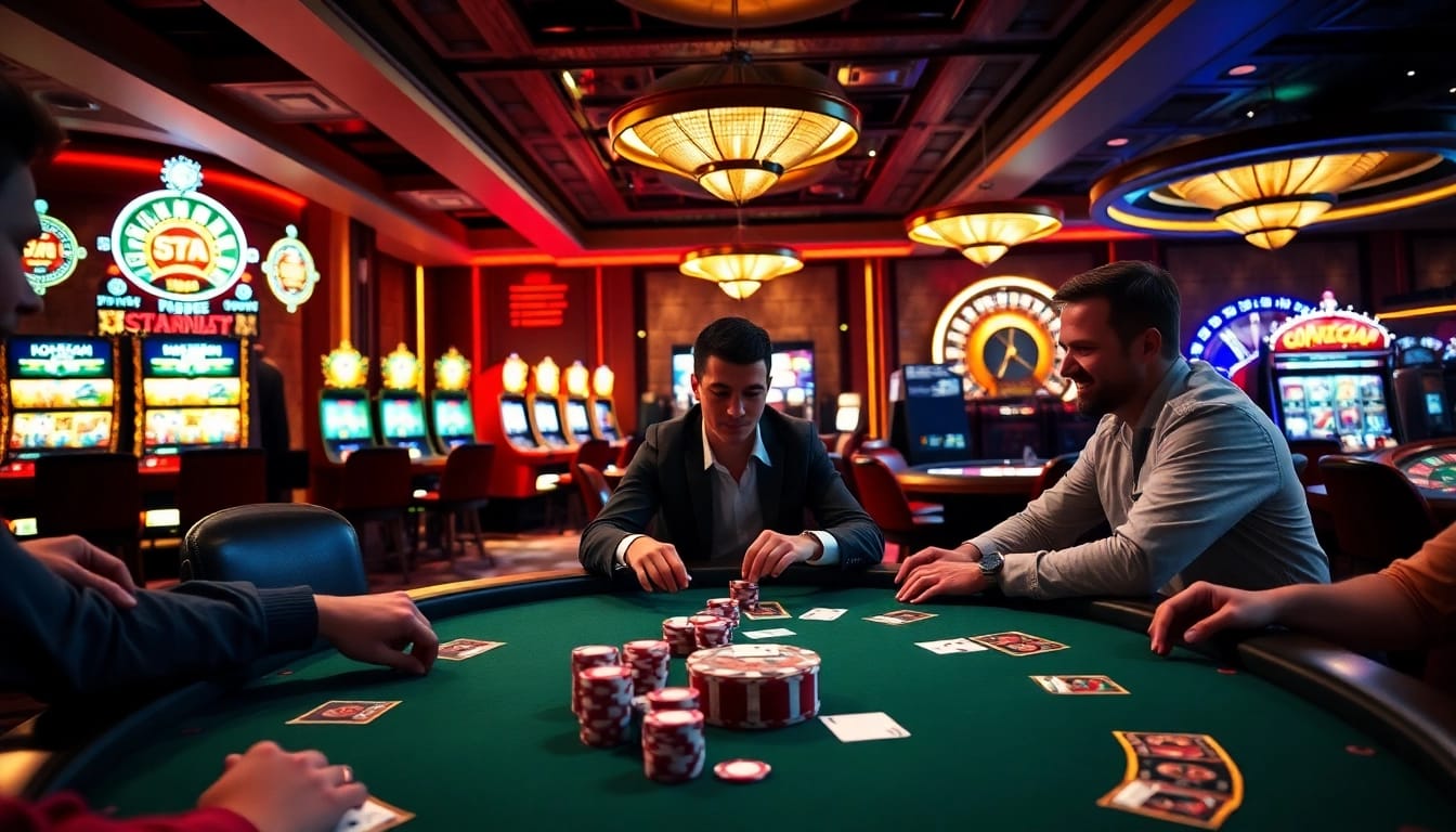 Players enjoy poker at a luxury casino, capturing the thrill of gambling on https://789bet.style/.