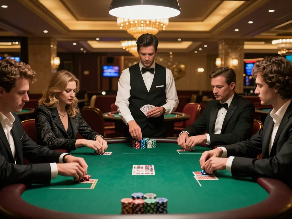 Players enjoying high-stakes poker at SC88 casino with vibrant chips and warm ambiance.