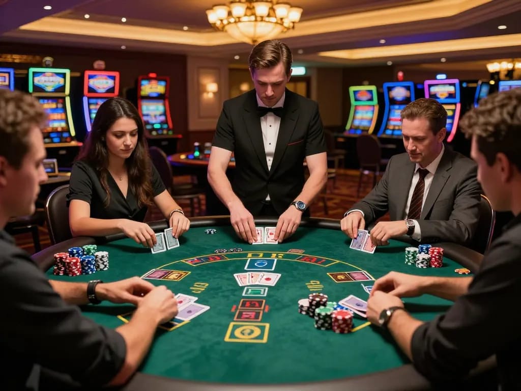 Các người chơi LUCK8 chiến lược giành chiến thắng tại bàn blackjack trong bầu không khí sôi động của sòng bạc.