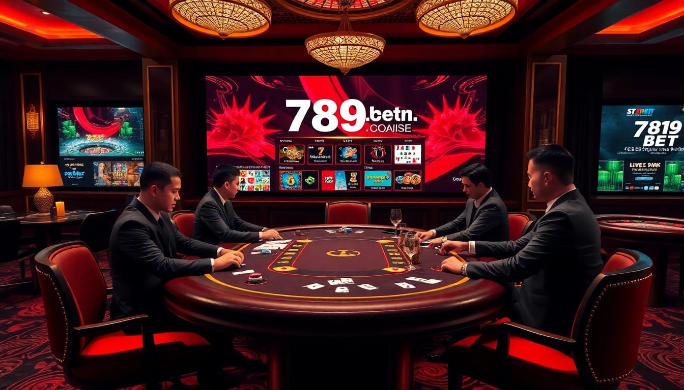Engage with the thrilling atmosphere of 789bet.com through a high-stakes poker scene, showcasing vibrant gambling elements.