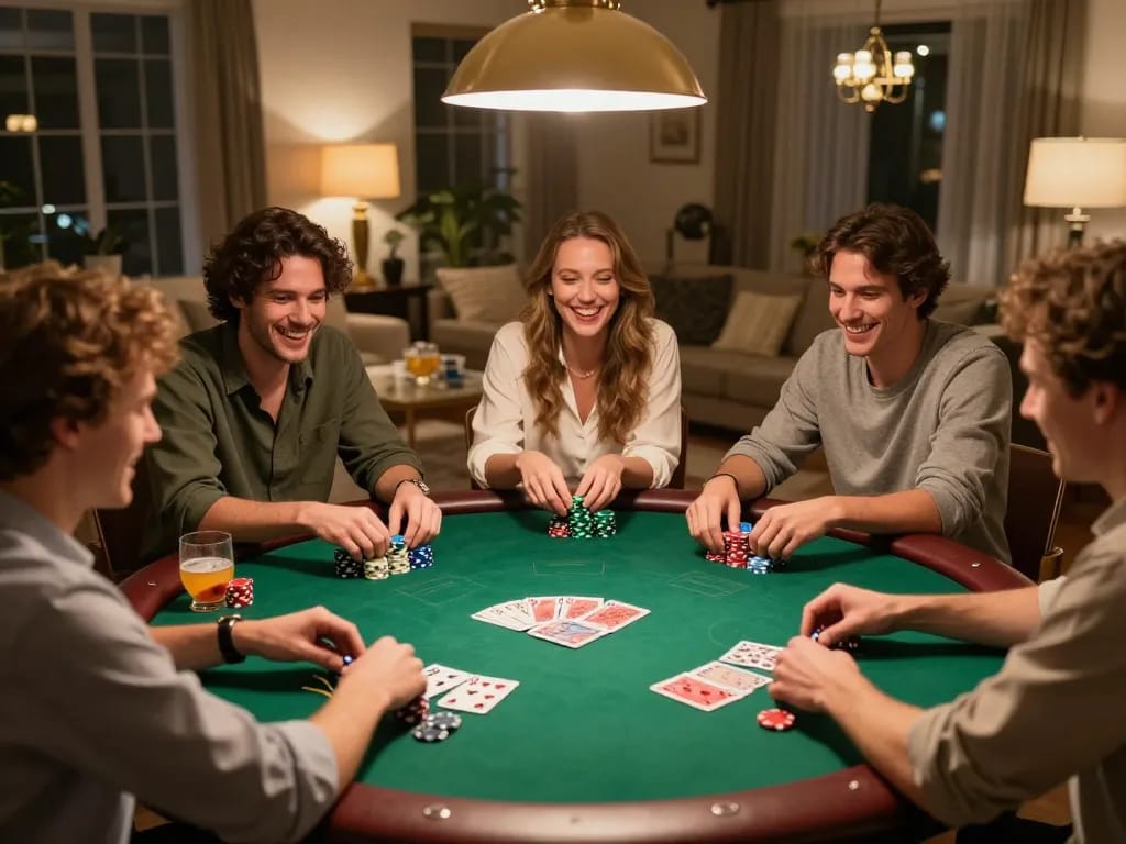 Friends playing sc88 game during a poker night, chips and cards visible on the table.