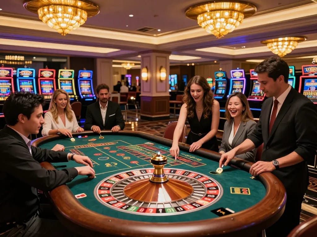 Players placing bets at a roulette table in a vibrant casino atmosphere, engaging in 23win.