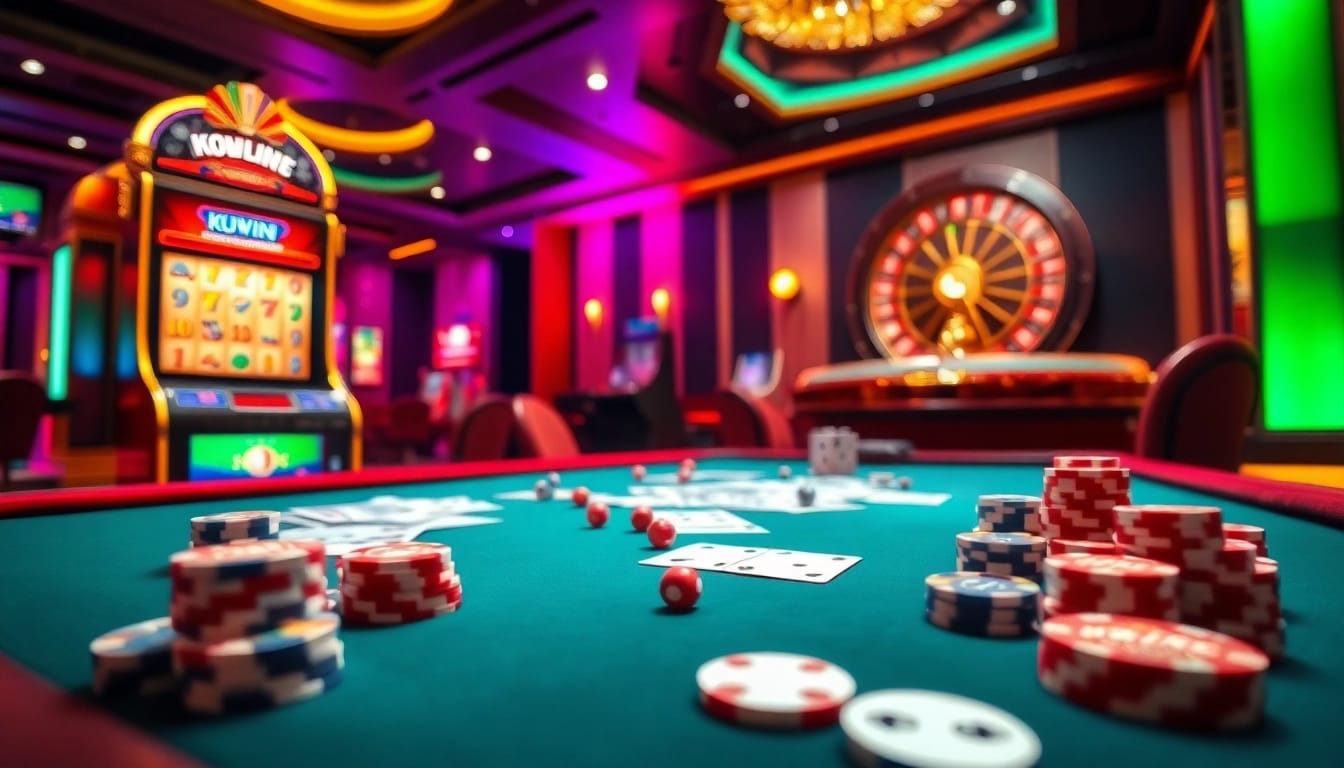 Exciting gambling action at Nhà cái Kuwin casino with vibrant tables and games.
