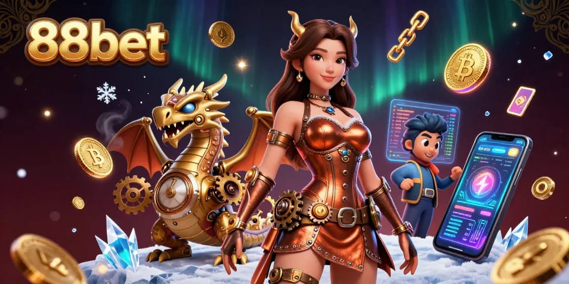 Win big with 88bet in this detailed 3D casino illustration showcasing stunning characters and crypto elements.