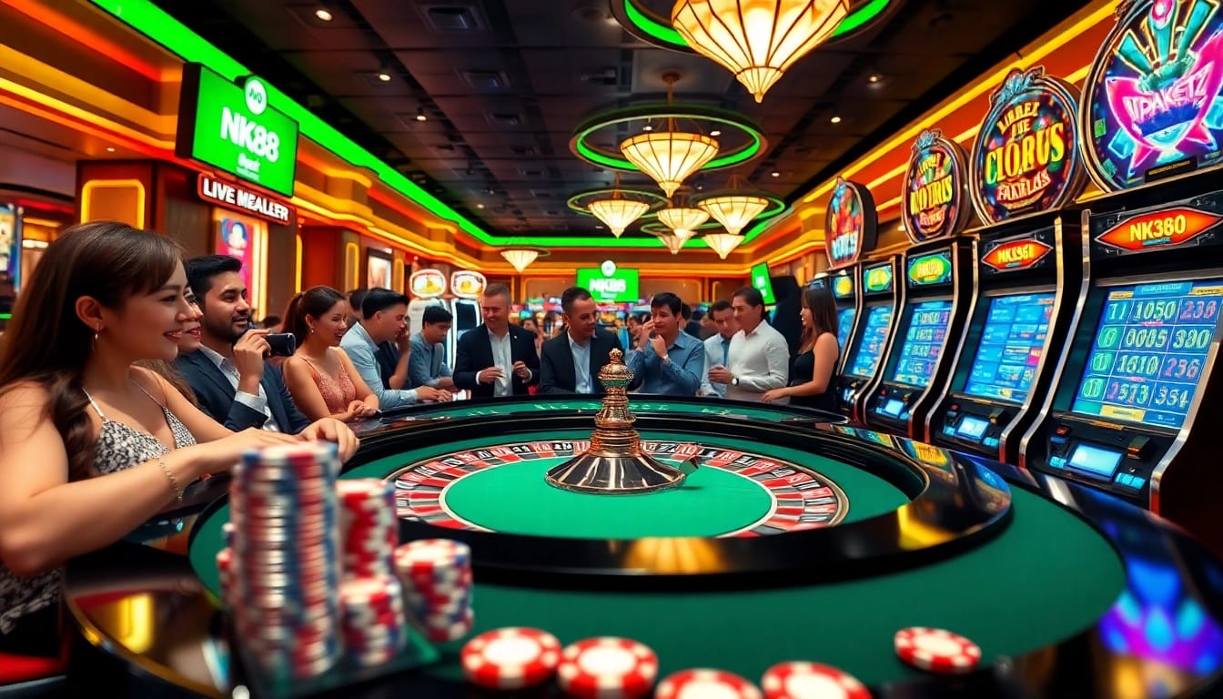 NK88 online gambling scene showcasing players at a roulette table with vibrant color and excitement.