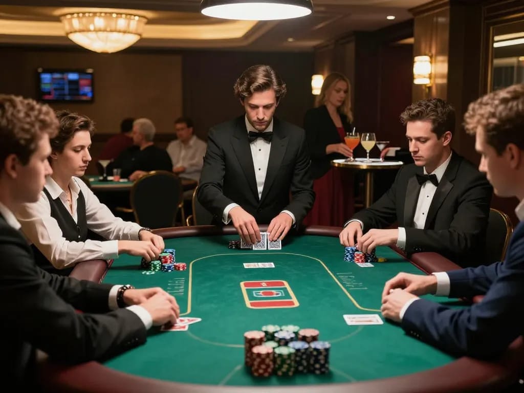 33winn players strategizing in a high-stakes poker game at a luxurious casino.