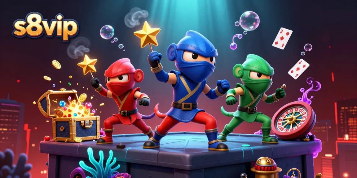 Play exciting games at s8 vip, featuring colorful ninjas and vibrant casino-themed elements.