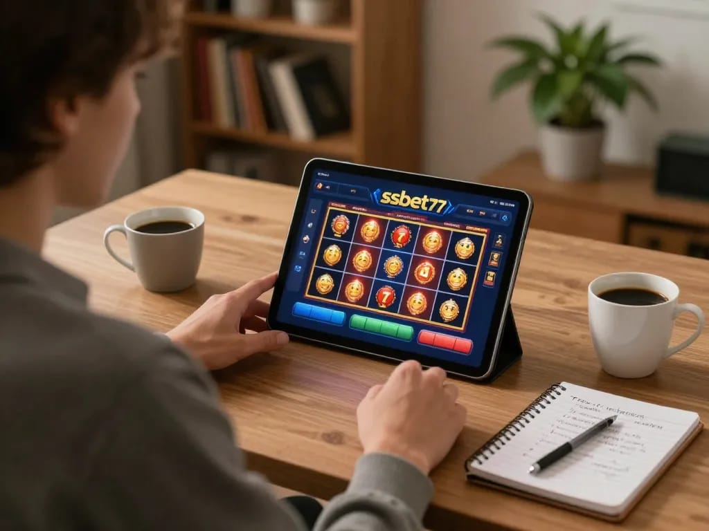 Engaging player enjoying ssbet77 online gaming on a tablet at home, showcasing strategic gameplay.