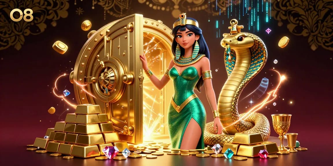 Experience the thrill of O8's immersive casino world with golden treasures and electrifying excitement.