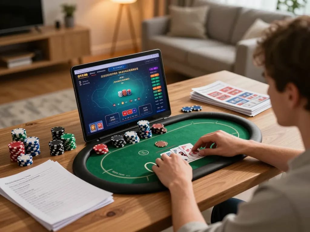Engaging in poker gameplay online on mk8 platform, showcasing strategy notes and gaming excitement.
