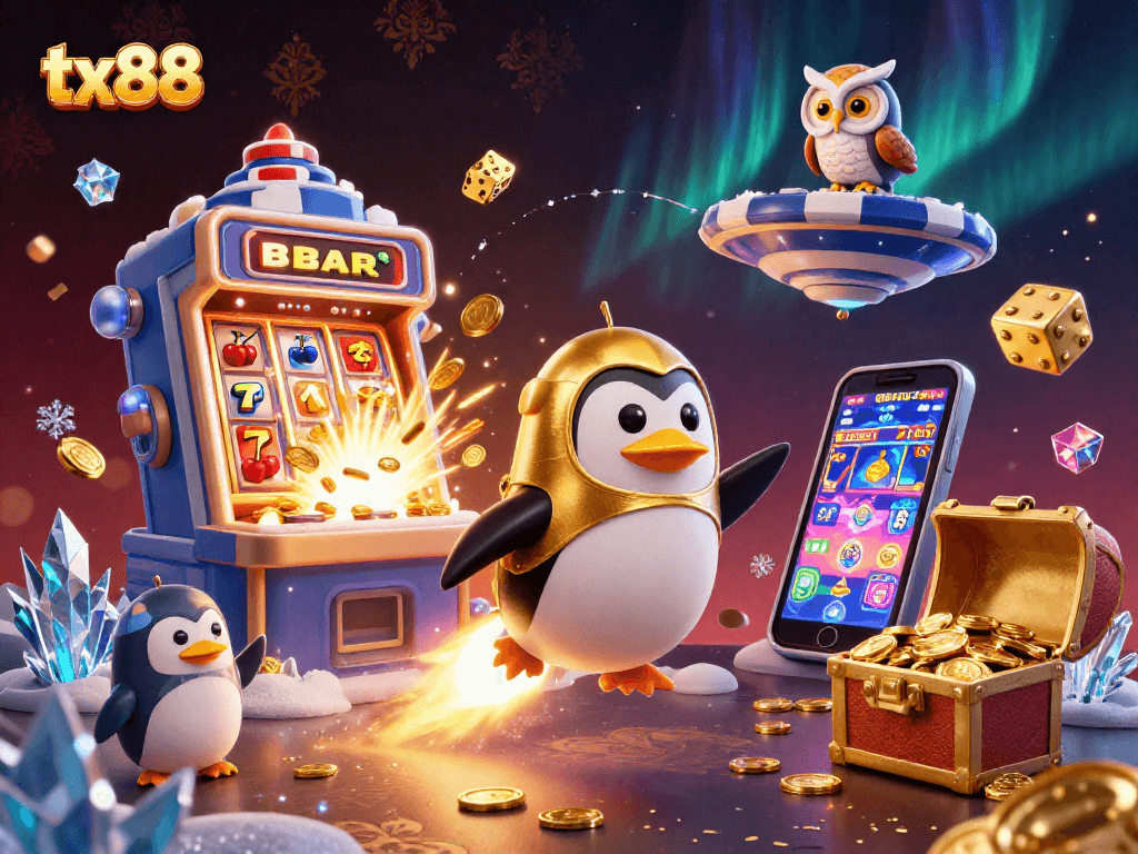 Experience tx88's excitement with a golden penguin and slot machine in a rich casino space.