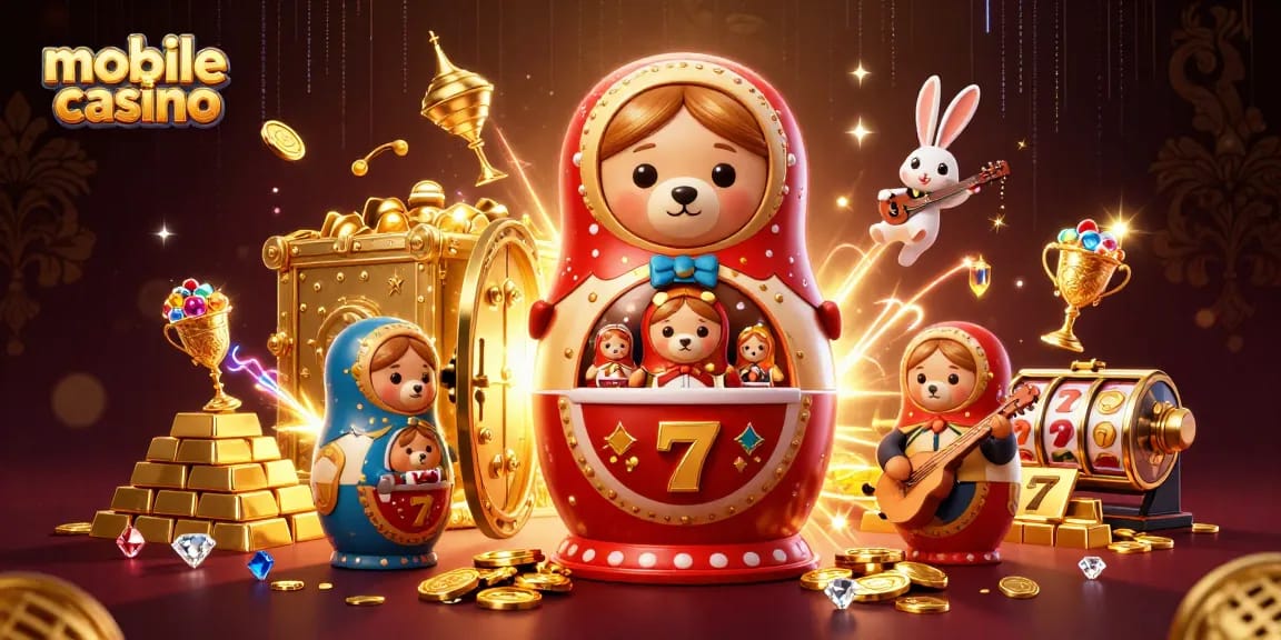 Engage in a vibrant mobile casino scene with playful characters and dazzling treasures.