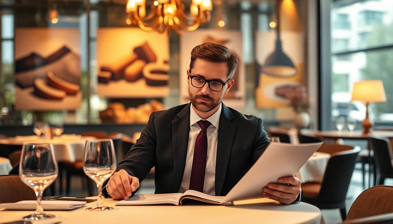 Headhunter Gastronomie berät atemberaubend in einem eleganten Restaurant umgeben von kulinarischen Köstlichkeiten.