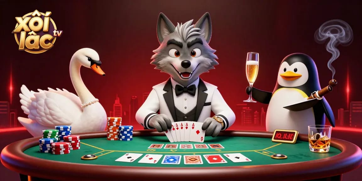 xôi lạc tv players enjoying a vibrant casino scene filled with colorful poker elements and characters.