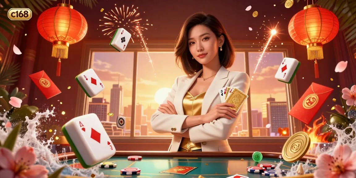 Win big at c168 casino with vibrant 3D illustration of a professional Asian woman holding poker cards, showcasing elite gaming.
