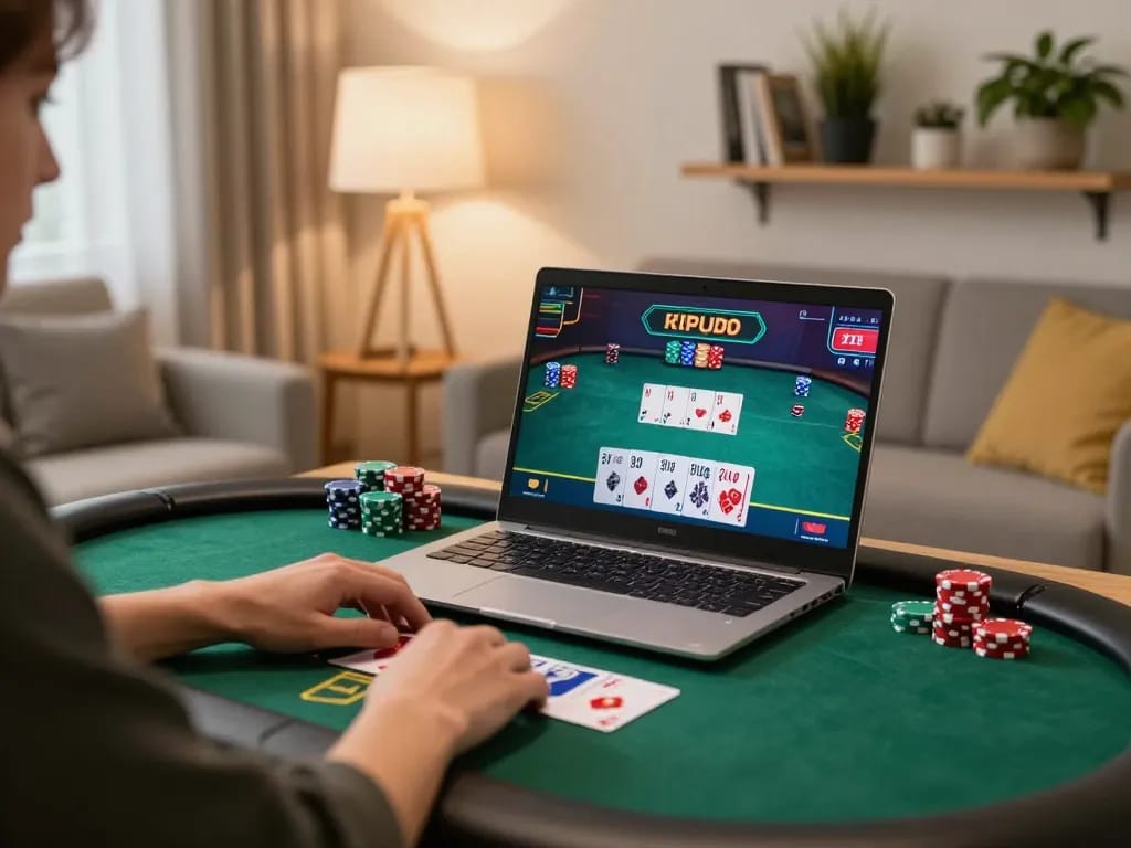 Engaged player using dn88 com for online poker in a modern home setting, showcasing strategic gameplay.