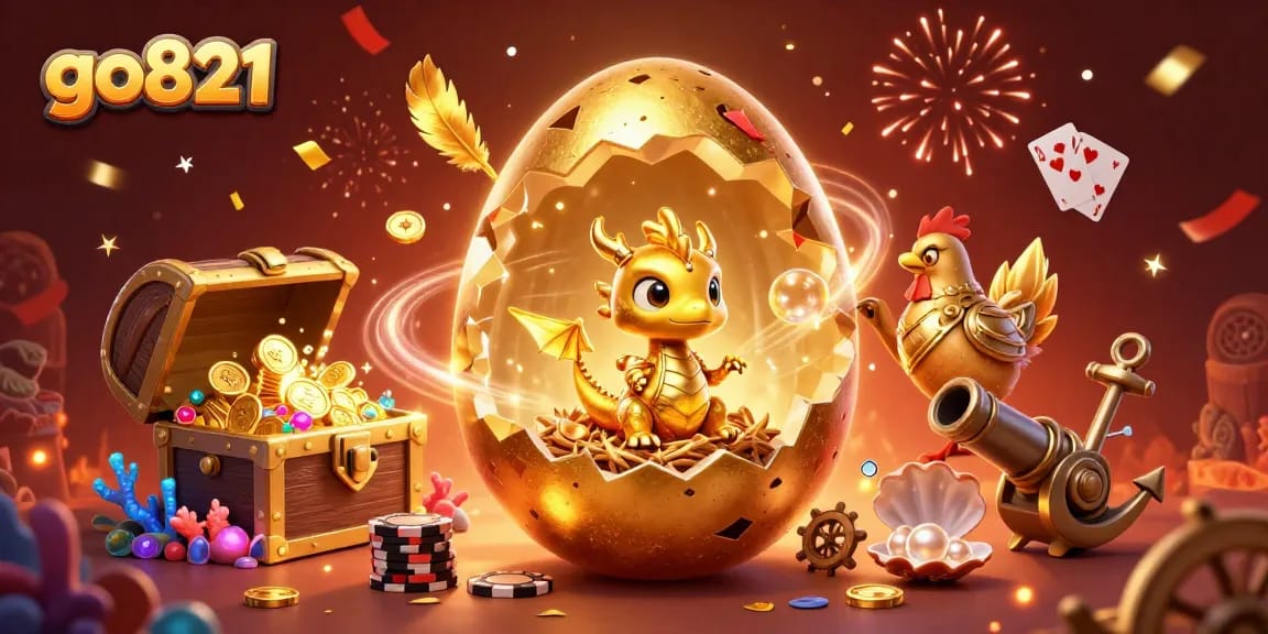 Experience excitement at go821 with a spectacular golden dragon on poker chips in a vibrant casino scene.