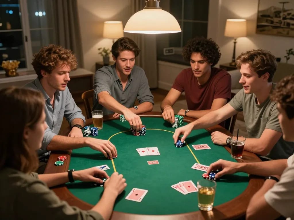 Friends enjoying a lively poker night, highlighting tỷ lệ kèo nhà cái hôm nay strategy and fun.