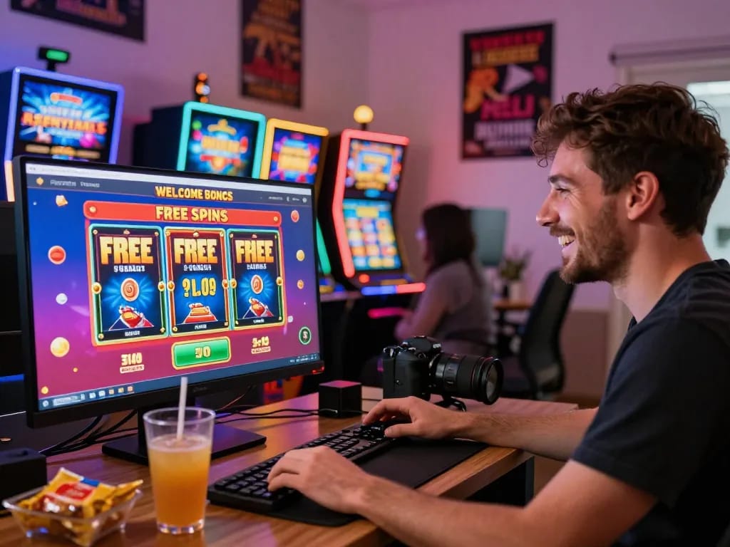 Player excitedly exploring free spins Australia offers in a lively online casino setting.