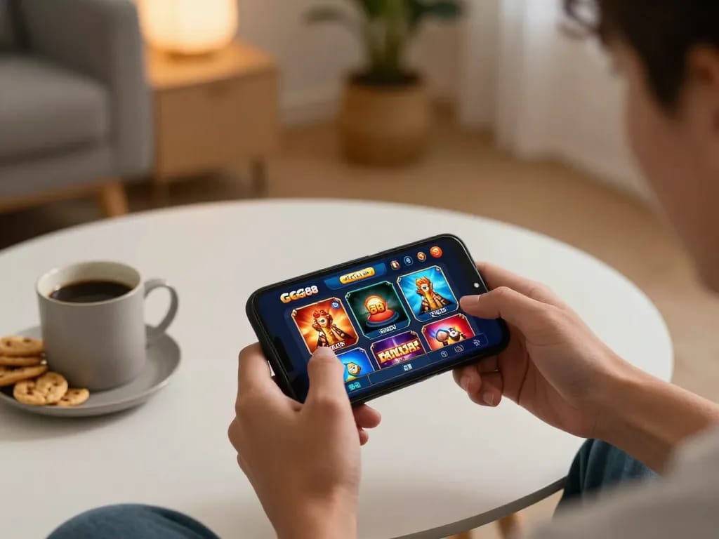 Engaged player using the GG88 app on smartphone, showcasing mobile gambling excitement in cozy home.