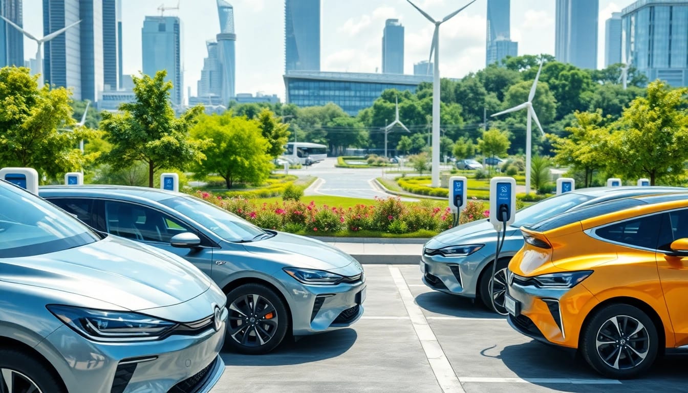 Erleben Sie Elektroautos in einer modernen Stadt, die innovative Designmerkmale und umweltfreundliche Technologien anzeigen.