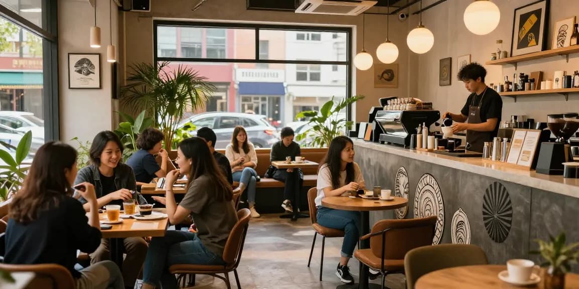 ROKOK88 café scene with relaxed atmosphere, barista and guests enjoying community vibes