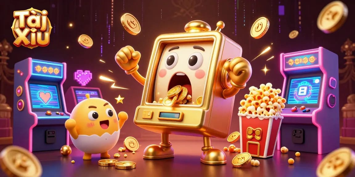 Experience the excitement of Tài Xỉu as a golden slot machine hits the jackpot with coins spilling out, surrounded by cheering smaller machines.
