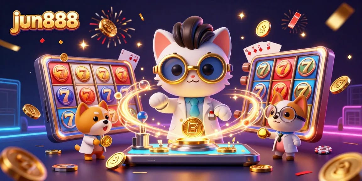 Experience exciting jackpots and slots thrills with jun888's vibrant gaming action illustration.