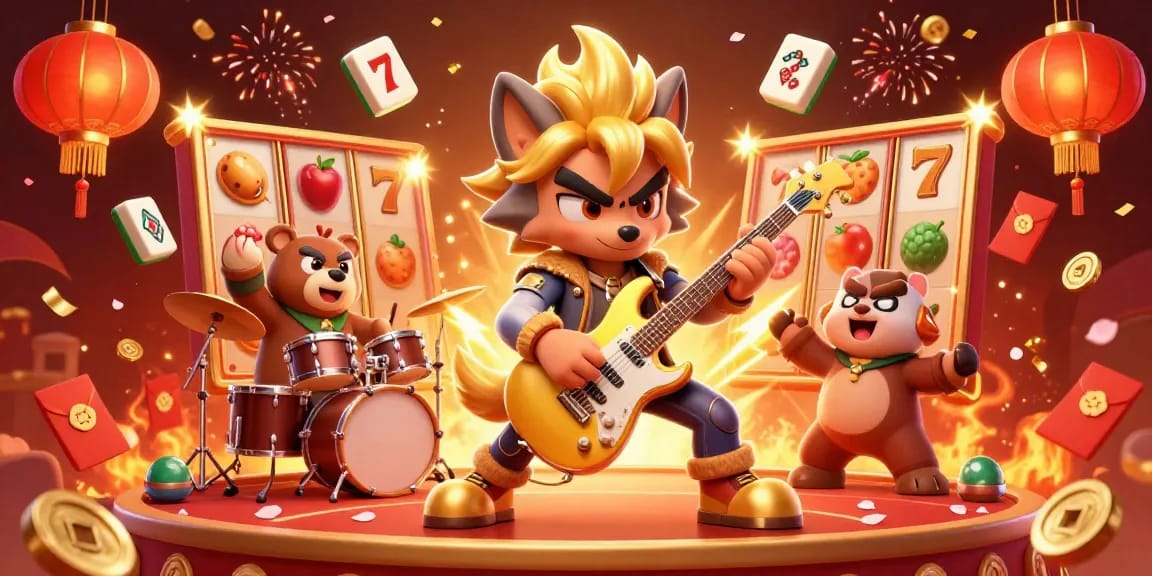 Lively lauthai casino scene with a rock star wolf, drummer bear, and vibrant gaming elements.