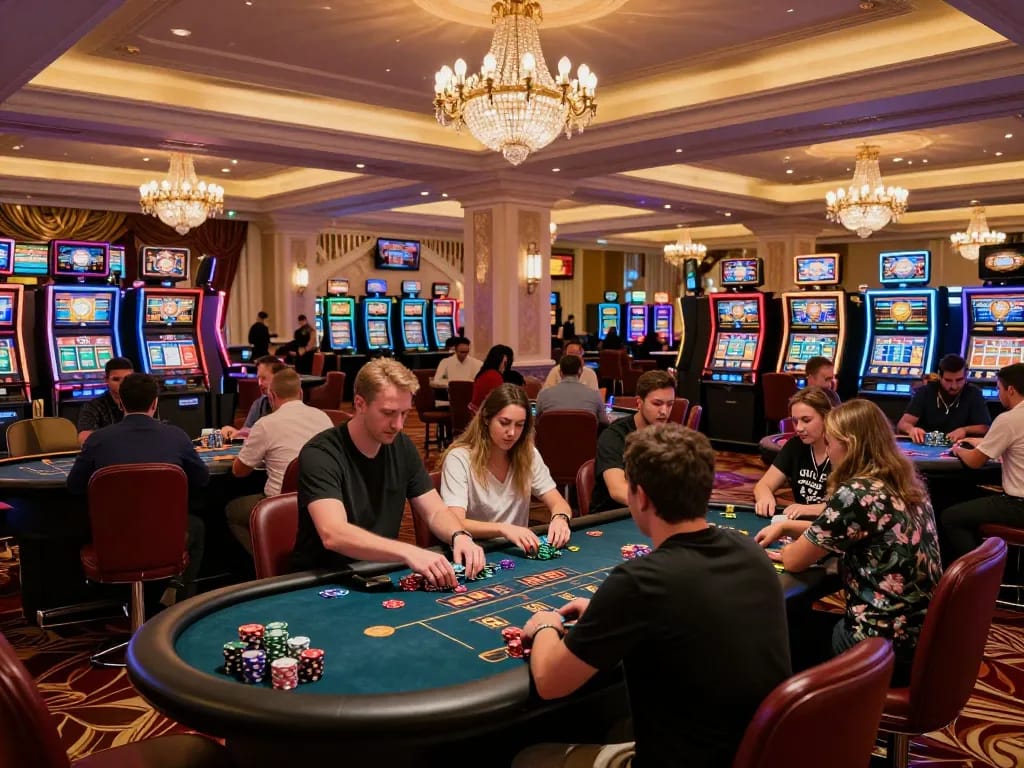 Engaged players in the 888new casino lobby, highlighting vibrant gameplay and luxurious decor