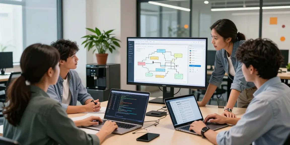 Build internal tools with AI in a modern workspace with a diverse team collaborating on innovative solutions.